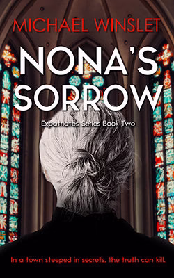Nona's Sorrow by Michael Winslet. An elderly woman stands in a cathedral with stained-glass windows in the background.